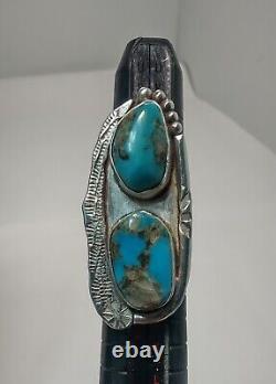 Bague amérindienne navajo en argent sterling et double pierre de turquoise taille 4
