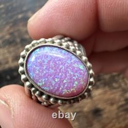 Bague en argent sterling Navajo amérindienne avec opale rose T Yazzie taille 8.5 synthétique