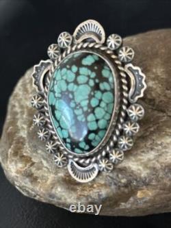 Bague en argent sterling Navajo amérindienne avec turquoise bleue en toile d'araignée, taille 9 01640