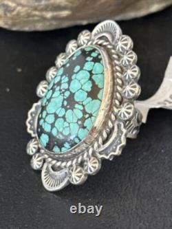 Bague en argent sterling Navajo amérindienne avec turquoise bleue en toile d'araignée, taille 9 01640