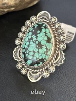 Bague en argent sterling Navajo amérindienne avec turquoise bleue en toile d'araignée, taille 9 01640