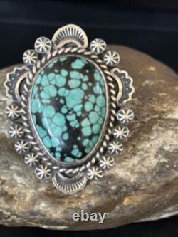 Bague en argent sterling Navajo amérindienne avec turquoise bleue en toile d'araignée, taille 9 01640