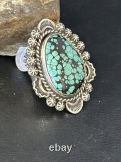Bague en argent sterling Navajo amérindienne avec turquoise bleue en toile d'araignée, taille 9 01640