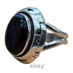 Bague en argent sterling amérindienne Navajo en onyx noir taille 6,25 signée