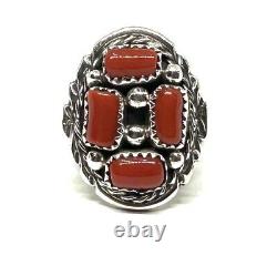 Bague en argent sterling faite à la main par les Navajos amérindiens avec grappe de corail, taille 8.