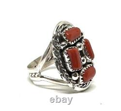 Bague en argent sterling faite à la main par les Navajos amérindiens avec grappe de corail, taille 8.