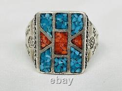 Bague en argent sterling incrustée de turquoise et de corail Navajo amérindien VTG 20g taille 12