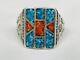 Bague En Argent Sterling Incrustée De Turquoise Et De Corail Navajo Amérindien Vtg 20g Taille 12