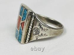 Bague en argent sterling incrustée de turquoise et de corail Navajo amérindien VTG 20g taille 12
