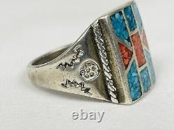 Bague en argent sterling incrustée de turquoise et de corail Navajo amérindien VTG 20g taille 12