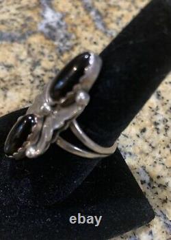 Bague en argent sterling signée A avec onyx noir amérindien Navajo