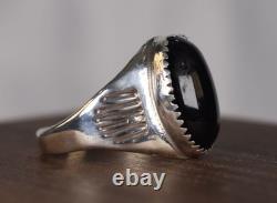 Bague en argent sterling signée Navajo vintage avec onyx noir ovale