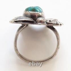 Bague en argent sterling turquoise Navajo américain natif des années 1970 de taille 5.75