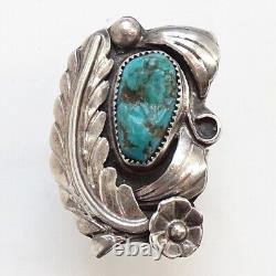 Bague en argent sterling turquoise Navajo américain natif des années 1970 de taille 5.75