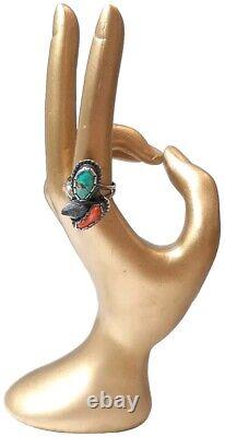 Bague en argent sterling turquoise et corail rouge VTG Navajo taille 5.25 Amérindienne