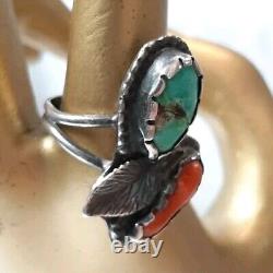 Bague en argent sterling turquoise et corail rouge VTG Navajo taille 5.25 Amérindienne