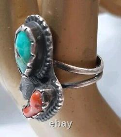 Bague en argent sterling turquoise et corail rouge VTG Navajo taille 5.25 Amérindienne