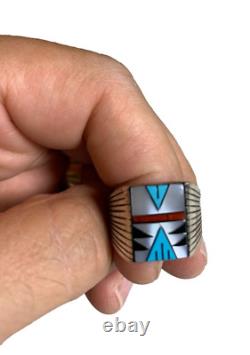 Bague en argent sterling western navajo amérindien taille 8 avec turquoise, onyx et corail
