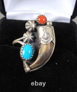 Bague en griffe en argent sterling turquoise et corail des amérindiens Navajo signée BH