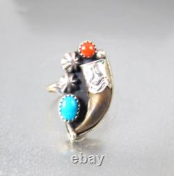 Bague en griffe en argent sterling turquoise et corail des amérindiens Navajo signée BH