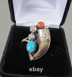 Bague en griffe en argent sterling turquoise et corail des amérindiens Navajo signée BH