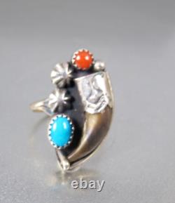 Bague en griffe en argent sterling turquoise et corail des amérindiens Navajo signée BH