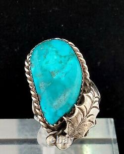 Bague feuille en argent sterling turquoise signée D Turquoise Native American Vintage, Navajo - Taille 6.75