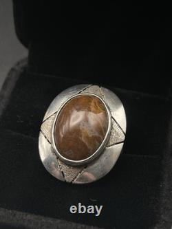 Bague ovale large en argent sterling Navajo amérindien VTG en agate brune 5 3/4