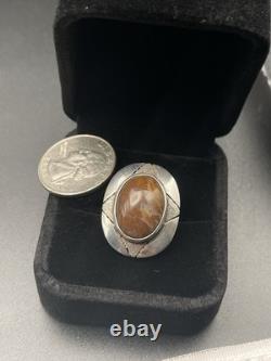 Bague ovale large en argent sterling Navajo amérindien VTG en agate brune 5 3/4