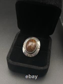 Bague ovale large en argent sterling Navajo amérindien VTG en agate brune 5 3/4