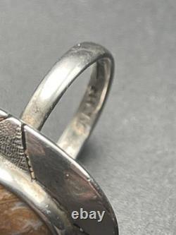 Bague ovale large en argent sterling Navajo amérindien VTG en agate brune 5 3/4