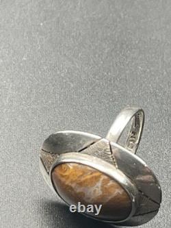 Bague ovale large en argent sterling Navajo amérindien VTG en agate brune 5 3/4