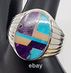 Bague pour homme en argent sterling incrustée de plusieurs pierres incrustées de Navajo Taille 11,5 Native American NOS