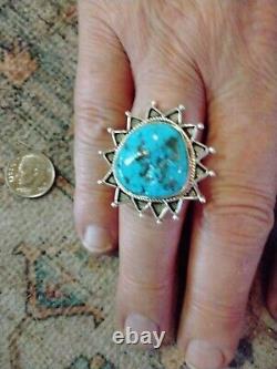 Bague soleil amérindienne en argent sterling et turquoise bleue taille 10.25-10.5 signée GM