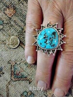 Bague soleil amérindienne en argent sterling et turquoise bleue taille 10.25-10.5 signée GM