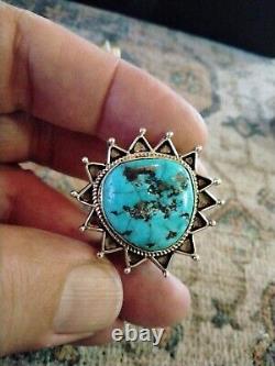 Bague soleil amérindienne en argent sterling et turquoise bleue taille 10.25-10.5 signée GM