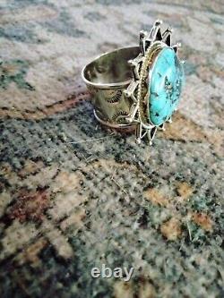 Bague soleil amérindienne en argent sterling et turquoise bleue taille 10.25-10.5 signée GM