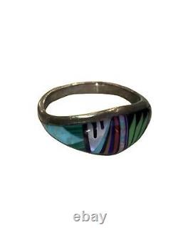 Bague unisexe en argent sterling incrustée de Navajo Native American Inlay Zuni de style sud-ouest