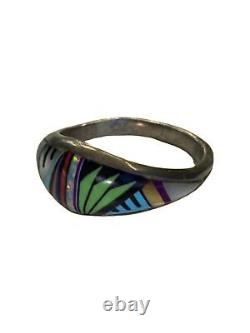 Bague unisexe en argent sterling incrustée de Navajo Native American Inlay Zuni de style sud-ouest