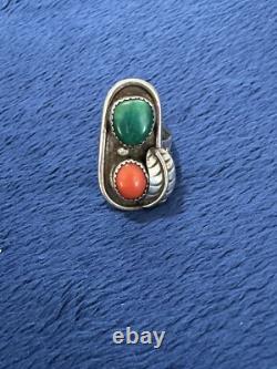 Bague vintage artisanale amérindienne Navajo en turquoise et corail rouge, taille 6.75