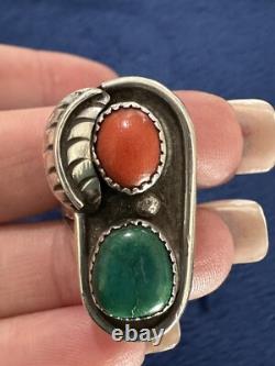 Bague vintage artisanale amérindienne Navajo en turquoise et corail rouge, taille 6.75