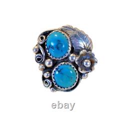 Bague vintage en argent sterling et turquoise des Amérindiens Navajo signée F taille 8.5