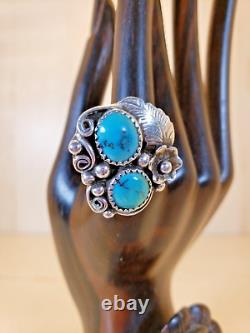 Bague vintage en argent sterling et turquoise des Amérindiens Navajo signée F taille 8.5
