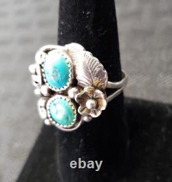 Bague vintage en argent sterling et turquoise des Amérindiens Navajo signée F taille 8.5