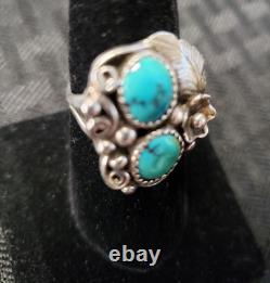 Bague vintage en argent sterling et turquoise des Amérindiens Navajo signée F taille 8.5