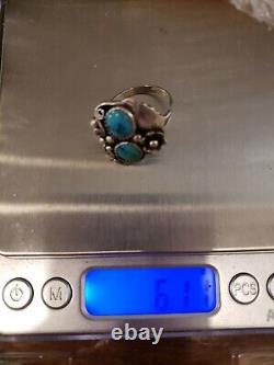 Bague vintage en argent sterling et turquoise des Amérindiens Navajo signée F taille 8.5