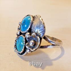 Bague vintage en argent sterling et turquoise des Amérindiens Navajo signée F taille 8.5