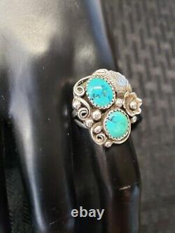 Bague vintage en argent sterling et turquoise des Amérindiens Navajo signée F taille 8.5