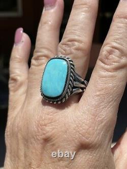 Bleu Kingman Turquoise Silver Sterling Ring, Navajo, Sz 9.5, Signé'b. Plaquero