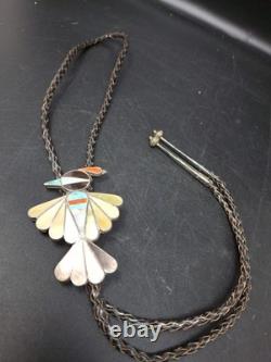 Bolo tie en argent sterling Navajo Bennett Thunderbird amérindien multi-gemme